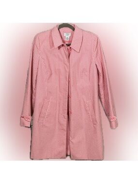 LOFT Pink Gingham Trench Coat Size M Lightweight Spring Jacket Preppy Classic